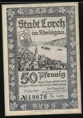 Notgeld Lorch 1921, 50 Pfennig, Stadt am Rhein, Karte mit Lorch im Freistaat Flaschenhals