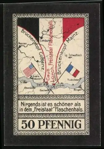 Notgeld Lorch 1921, 50 Pfennig, Stadt am Rhein, Karte mit Lorch im Freistaat Flaschenhals