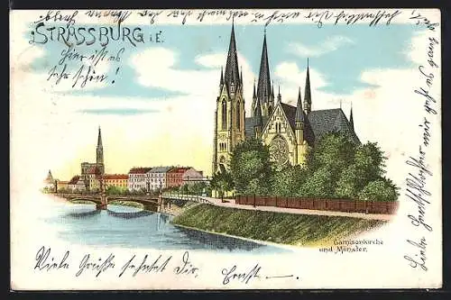 Lithographie Strassburg, Garnisonkirche und Münster