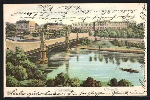 Lithographie Strassburg, Blick von der Brücke zur Universität