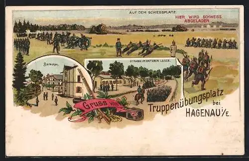 Lithographie Hagenau, Truppenübungsplatz, Schiessplatz, Baracken, Strasse im unteren Lager, Soldaten, Gewehr