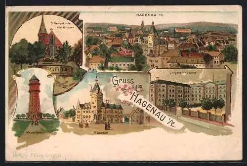Lithographie Hagenau, Wasserturm, St. Georgskirche & alter Brunnen, Museum & Dragoner Kaserne