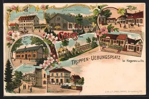 Lithographie Hagenau, Truppen-Übungsplatz, Hauptwache & Post, Bahnhof, Baracken