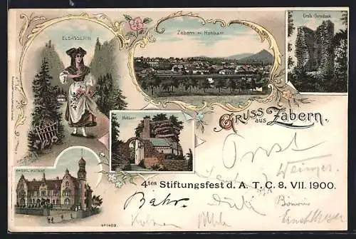 Lithographie Zabern, 4. Stiftungsfest des ATC 8. VII. 1900, Kaiserl. Postamt, Ortsansicht mit Hohbarr