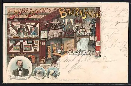 Lithographie Strassburg, Gasthaus Sergers Bauern-Schänke, Korduangasse 11