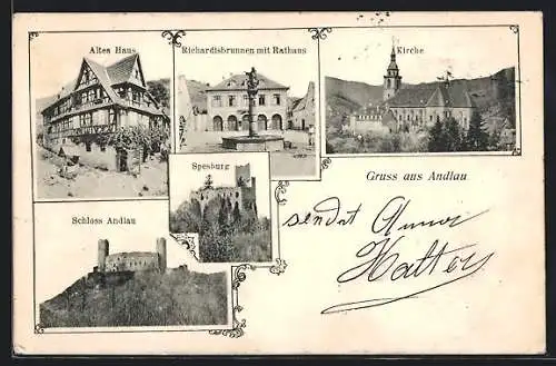 AK Andlau, Altes Haus, Richardisbrunnen mit Rathaus, Spesburg
