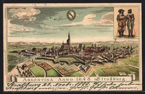 Lithographie Strassburg, Blick auf die Stadt mit Wappen und Soldaten
