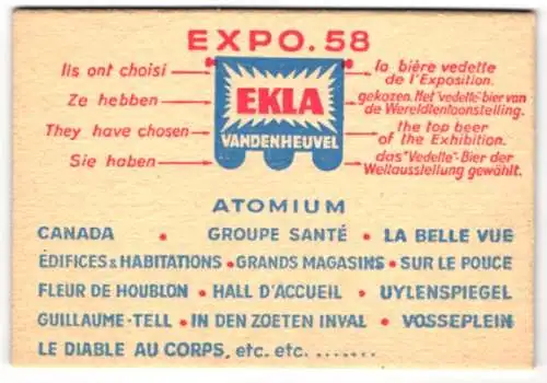 Bierdeckel-AK Brüssel, Expo 1958, Ekla Vandenheuvel