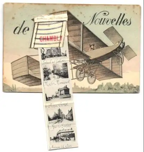 Leporello-AK Chambly, Ansichten hinterm Flugzeug, La Gare, Hotel de Ville, Rue des Ecoles