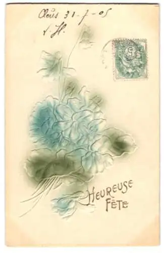 Präge-Airbrush-AK Blaue Blüten zum Feste