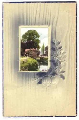 Präge-Airbrush-AK Bauernhaus und Brücke umrahmt von Blüten und Blättern