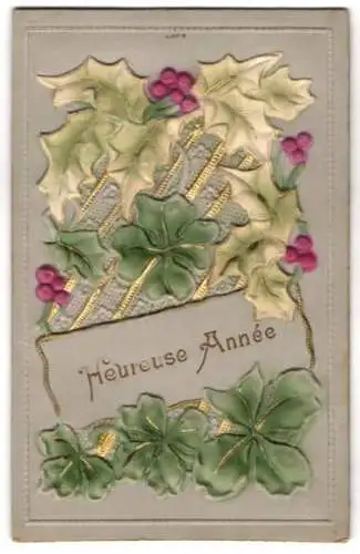 Präge-Airbrush-AK Kleeblätter und Stachelpalmen zu Neujahr