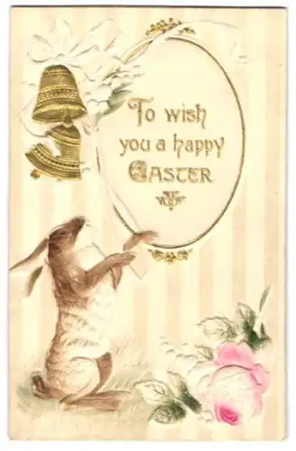 Präge-Airbrush-AK Osterhase läutet die Glocken nebst Rosenblüte
