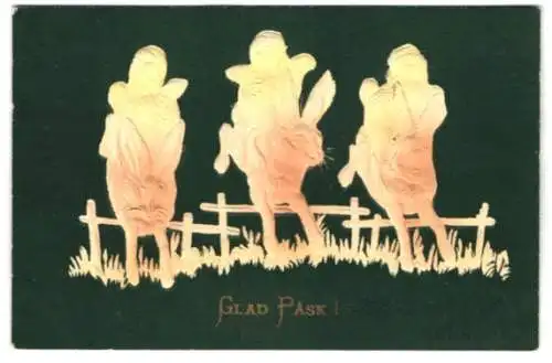 Präge-Airbrush-AK Osterküken und Osterhasen bei einem Rennen