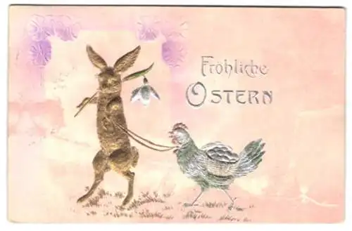 Präge-Airbrush-AK Osterhase führt eine Henne an der Leine
