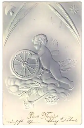 Präge-Airbrush-AK Elfe mit Krone und Rad zu Neujahr