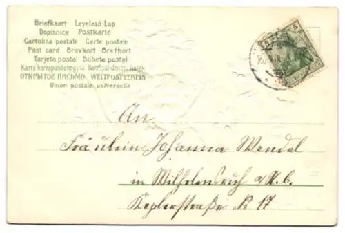 Präge-Airbrush-AK Engel beim Beten mit Blumen zu Ostern