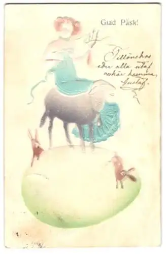 Präge-Airbrush-AK Junge Frau auf einem Lamm zu Ostern