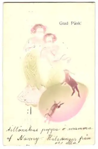 Präge-Airbrush-AK Junge Damen beobachten die Osterhasen