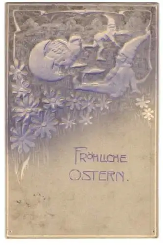 Präge-Airbrush-AK Zwerge erschrecken vor einem schlüpfenden Küken