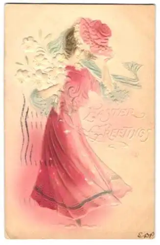Präge-Airbrush-AK Junge Dame im roten Kleid mit weissen Blumen zu Ostern