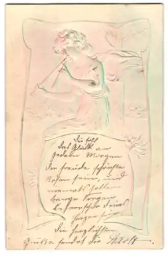 Präge-Airbrush-AK Junge Frau mit zwei Flöten in einem Wald