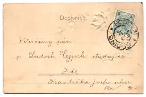 Stoff-Präge-AK Vergissmeinnicht und Rosenblüten aus weichem Stoff