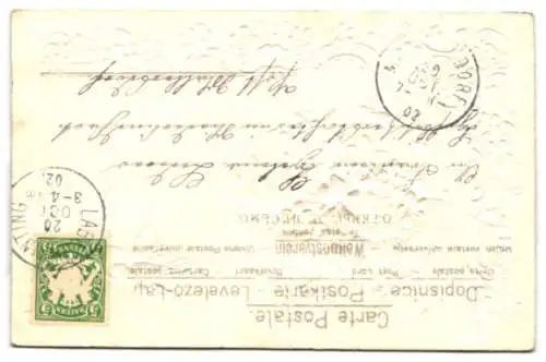 Stoff-Präge-AK Tauben ziehen Wagen voller Blumen aus Stoff