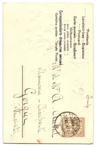 Stoff-Präge-AK Veilchenstrauss mit Kleeblättern aus Stoff