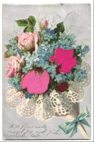 Stoff-Präge-AK Blumenstrauss aus Veilchen und Rosenblüten aus Stoff