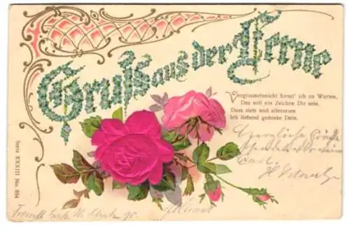 Stoff-Präge-AK Vergissmeinnicht als Gruss mit Rosen aus Stoff