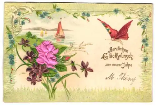 Stoff-Präge-AK Segelschiffe und Schmetterling mit Veilchen und Rosenstrauss aus Stoff