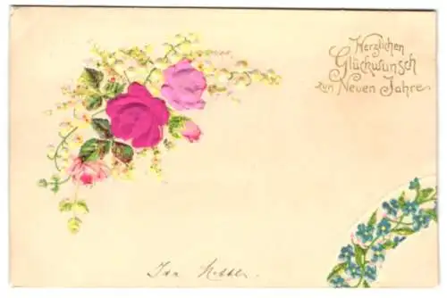 Stoff-Präge-AK Helle und dunkle Rosenblüten aus Stoff