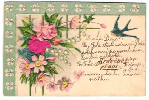 Stoff-Präge-AK Vogel fliegt zum Strauss aus Vergissmeinnicht, Maiglöckchen und Rosen aus Stoff