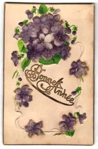 Stoff-Präge-AK Neujahrskarte mit lila-farbenen Blumen
