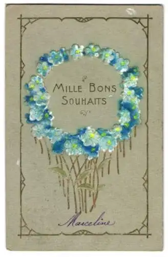 Präge-Airbrush-AK Glückwunschkarte Mille Bons Souhaits mit Kranz aus Vergissmeinnicht