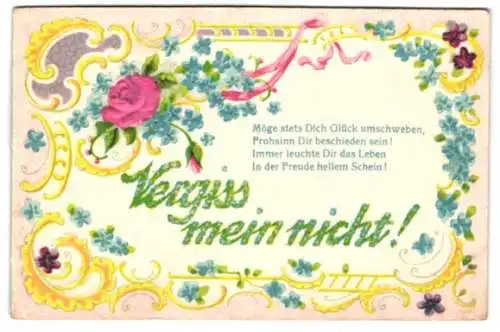 Stoff-Präge-AK Grusskarte Vergiss mein nicht, mit Rose aus echtem Stoff und Vergissmeinnicht-Blüten