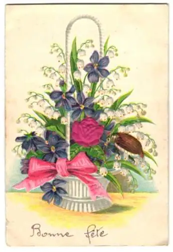 Stoff-Präge-AK Bouquet verschiedenfarbiger Blumen mit einer Rose aus echtem Stoff, Bonne fete