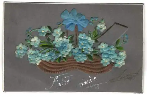 Stoff-Präge-AK Grusskarte mit einem Korb voll Vergissmeinnicht