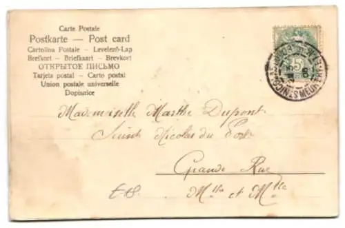 Stoff-Präge-AK Grusskarte mit einem Korb voll Vergissmeinnicht