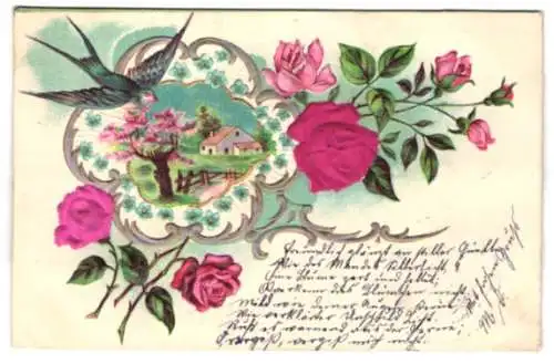 Stoff-Präge-AK Ortsansicht im Frühling, Schwalbe und Rosen aus echtem Stoff