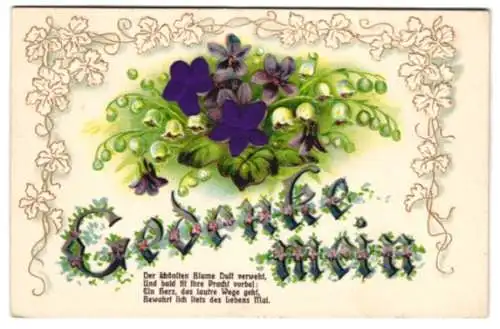 Stoff-Präge-AK Blumenornament mit purpurnen Blüten aus echtem Stoff