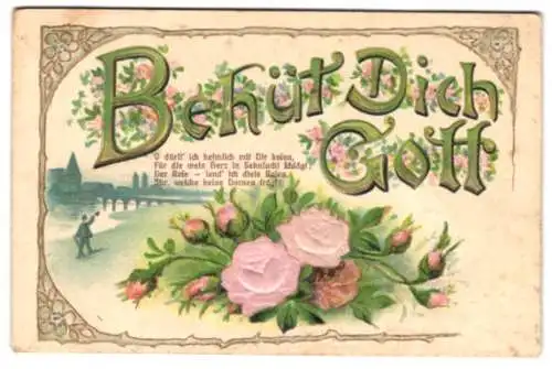 Stoff-Präge-AK Grusskarte mit einem Mann am Fluss und zwei Rosen aus echtem Stoff