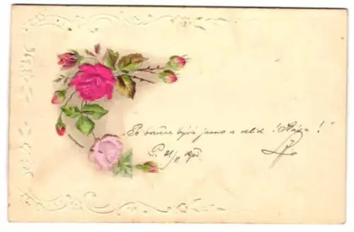 Stoff-Präge-AK Ein Strauss Rosen mit zwei Blüten aus echtem Stoff