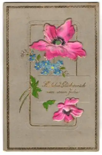 Stoff-Präge-AK Neujahrskarte mit Vergissmeinnicht und zwei rosa-farbenen Blüten aus echtem Stoff