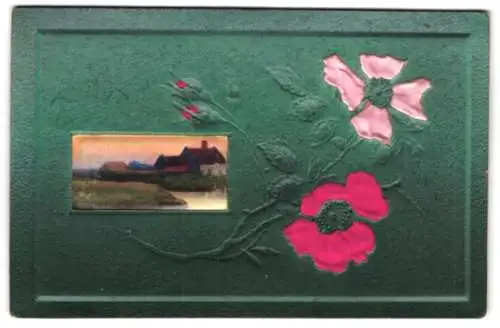 Stoff-Präge-AK Haus an einer Flussbiegung, Blüten aus echtem Stoff im Passepartout