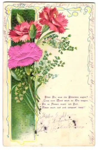 Stoff-Präge-AK Nelken mit Gruss, Blume aus echtem Stoff