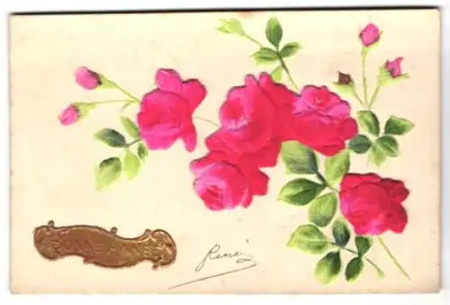 Stoff-Präge-AK Bonne Annee, Rosen aus Samtstoff
