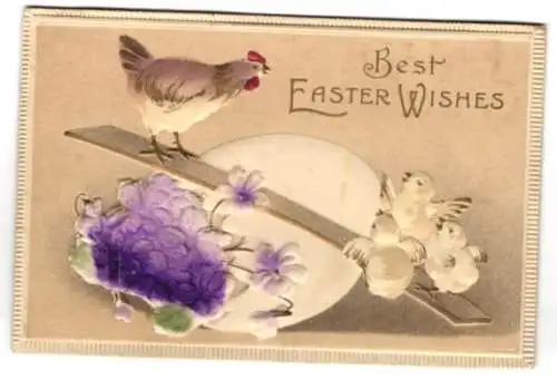Stoff-Präge-AK Best Easter Wishes, Huhn mit Küken und Stoffblumen