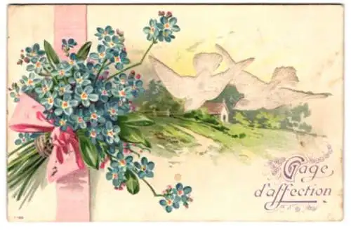 Stoff-Präge-AK Gage d`affection, Vögel aus Stoff, Blumenstrauss